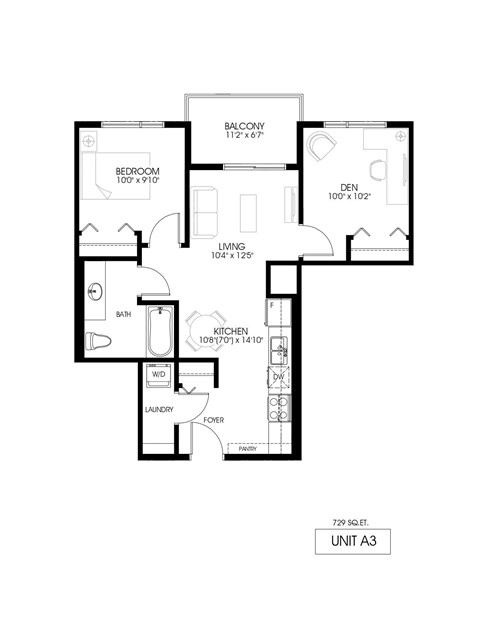 Floor plan for 1 bed, 1 bath, 729 sqft